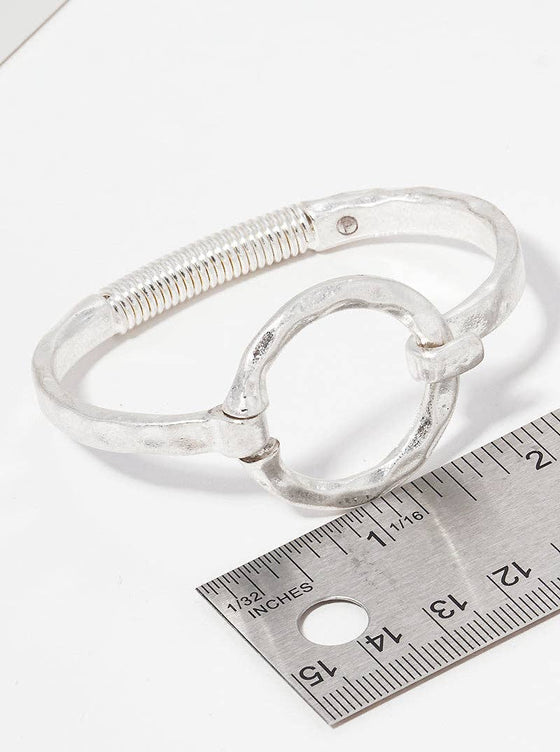Hammered Metal Round Hook Clasp Hinged Bracelet: Worn Gold