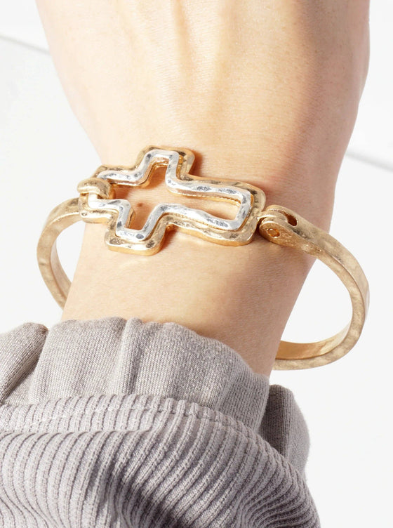 Hammered Metal Dual-Tone Cross Hook-Clasp Bracelet: Worn Silver-Worn Gold