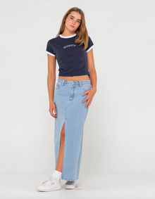  Celeste Low Rise Denim Maxi Skirt