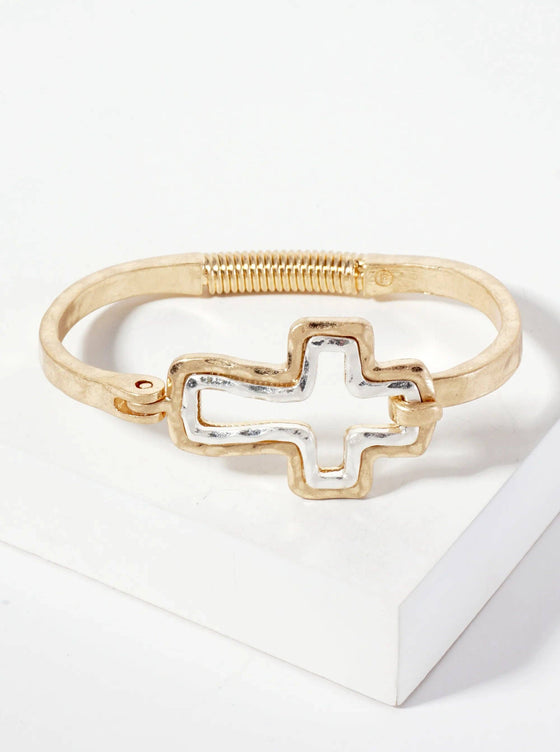 Hammered Metal Dual-Tone Cross Hook-Clasp Bracelet: Worn Silver-Worn Gold