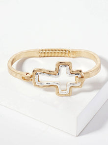  Hammered Metal Dual-Tone Cross Hook-Clasp Bracelet: Worn Gold-Worn Silver