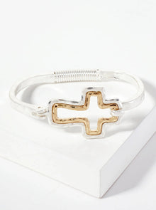  Hammered Metal Dual-Tone Cross Hook-Clasp Bracelet: Worn Silver-Worn Gold