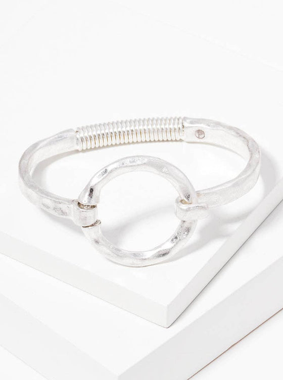 Hammered Metal Round Hook Clasp Hinged Bracelet: Worn Silver